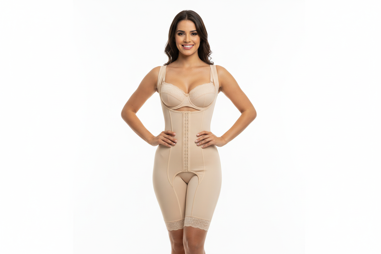 que se cea con la faja entera, tipo corset, en fondo blanco